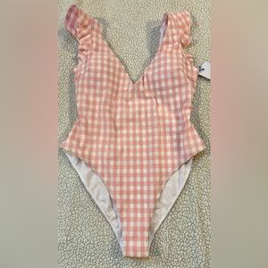 NWT Southern Tide One Piece Size L Swimsuit Pink White Checkered V-neck low cut